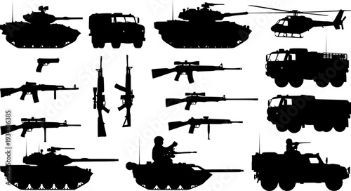 armed forces silhouette set. Collection of various realistic military vehicles and firearms. Vector illustration on white background