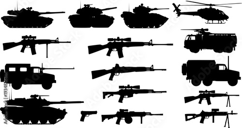 armed forces silhouette set. Collection of various realistic military vehicles and firearms. Vector illustration on white background