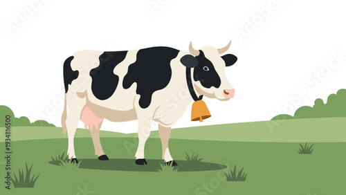 Black and white spotted dairy cow with a yellow bell around its neck standing on a green pasture under a clear white sky in a rural farm.