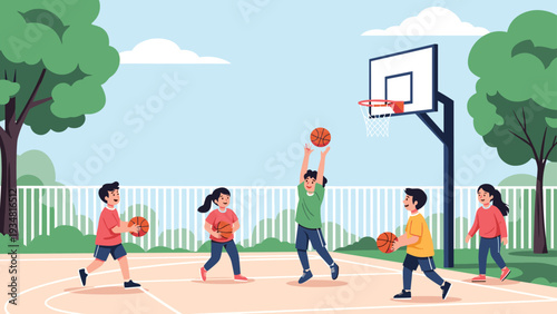 Diverse group of young boys and girls playing basketball together on an outdoor court surrounded by green trees and blue sky with clouds.