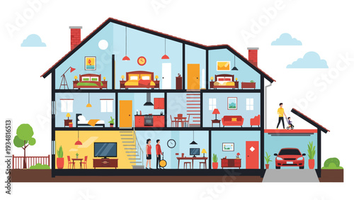 Detailed cross section cutaway of a modern three-story house showing bedrooms, kitchen, living room, stairs, and a garage with a red car.