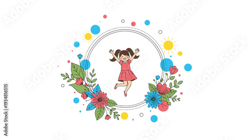 Happy little girl jumping for joy inside a decorative circular frame adorned with colorful flowers, green leaves, and abstract bright dots.