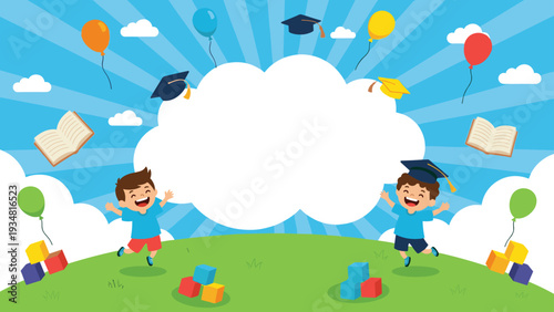 Two happy boys wearing graduation caps jumping for joy on a green hill with floating balloons, books, and colorful blocks in a blue sky.