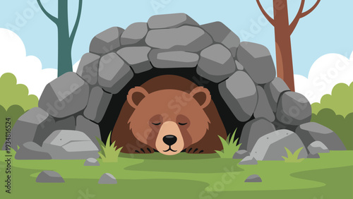 Large brown bear peacefully sleeping inside a dark stone cave surrounded by a green forest and small rocks under a clear sky in the woods.