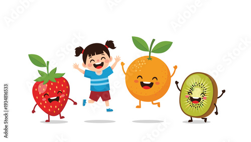 Happy young girl jumping with joy alongside cheerful cartoon fruit characters including a strawberry, an orange, and a green kiwi slice.