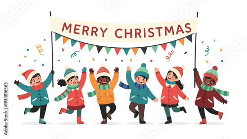 Diverse group of happy children in winter clothes holding a large Merry Christmas banner with colorful flags and confetti decorations.