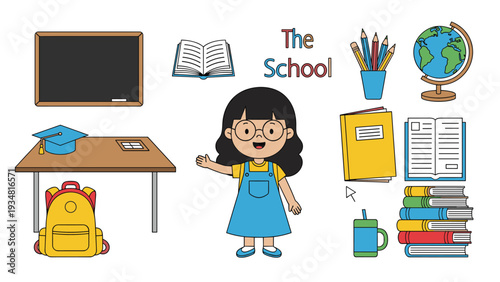 Smart schoolgirl with glasses standing next to various educational items like a blackboard, globe, desk, books, and a yellow backpack.