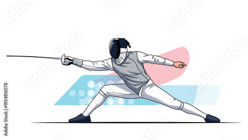 Athletic fencer in full protective uniform performing a graceful lunge attack with a sword on an abstract white, blue, and pink background.