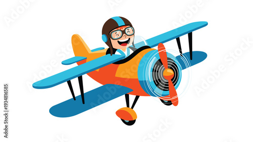 Enthusiastic young boy wearing a pilot helmet and goggles flying a colorful orange and blue vintage biplane in the clear sky with clouds.
