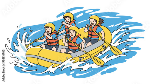 Group of four adventurous people wearing safety gear work together while white water rafting in a yellow boat on a blue river.