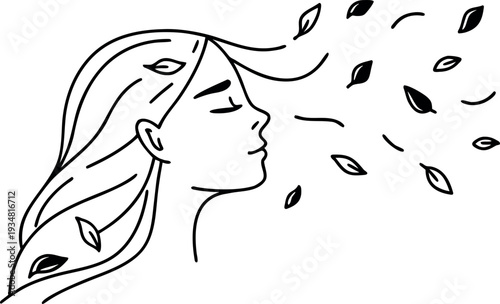 Vector illustration of a woman with leaves blowing in the wind
