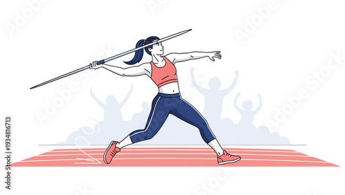 Athletic young woman in sports attire prepares to throw a javelin during a track and field event with a crowd of spectators.