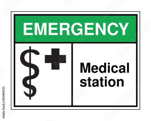 Emergency Medical Station Sign with Green Header – First Aid Healthcare Symbol Label for Hospitals, Clinics, Workplaces and Public Safety Compliance