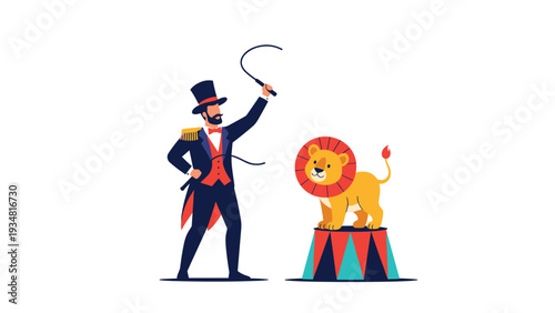 Professional circus ringmaster in a top hat and tuxedo trains a cute lion standing on a colorful pedestal using a long whip.