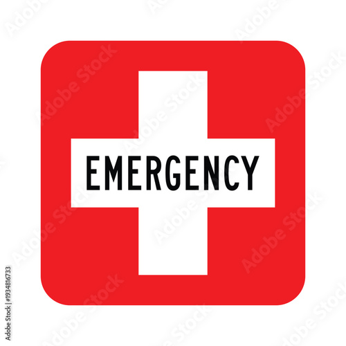 Emergency Sign with Red Cross Symbol – First Aid Medical Assistance Icon for Safety Signage, Healthcare Facilities, Workplace Compliance and Rescue Information