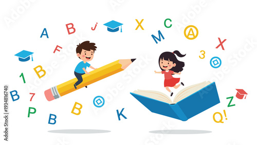 Imaginative scene shows a boy and girl flying through the air on a giant pencil and an open book surrounded by colorful letters.