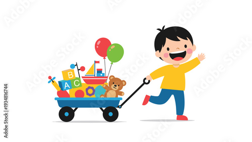 Smiling young boy happily pulls a blue toy wagon filled with various items like balloons, a teddy bear, and colorful blocks.
