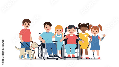 Group of diverse children with various physical disabilities stand together in a show of unity, including those with prosthetics.