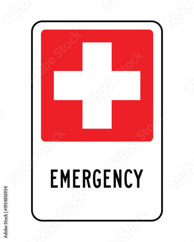 Emergency First Aid Sign with Red Cross – Medical Assistance Safety Icon for Healthcare Facilities, Workplace Compliance, Public Buildings and Rescue Information