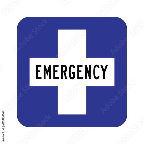 Emergency Sign with White Cross on Blue Background – Medical First Aid Assistance Icon for Healthcare Facilities, Workplace Safety, Public Buildings and Compliance Signage