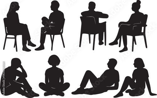 Set of diverse people sitting on chairs and floor in various relaxed poses for architectural visualization interior design and lifestyle branding