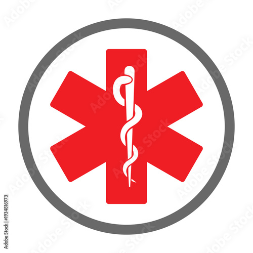 Star of Life Medical Symbol with Grey Circle Border – Emergency Healthcare Icon Featuring Rod of Asclepius for Ambulance Services and First Aid Signage