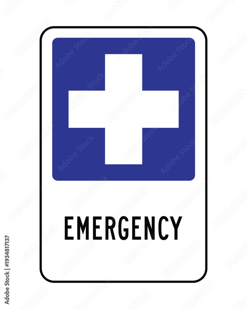 Obraz premium Emergency First Aid Sign with Blue Cross – Medical Assistance Safety Icon for Healthcare Facilities, Workplace Compliance, Public Buildings and Rescue Information