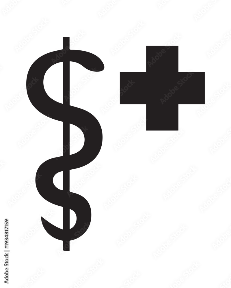 Obraz premium Medical Symbol with Rod of Asclepius and Cross Icon – Healthcare Emblem for Emergency Services, Hospitals, Clinics and First Aid Safety Signage