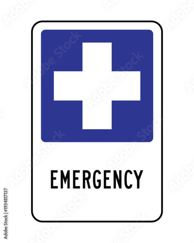 Emergency First Aid Sign with Blue Cross – Medical Assistance Safety Icon for Healthcare Facilities, Workplace Compliance, Public Buildings and Rescue Information