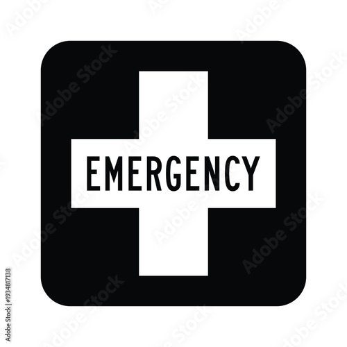 Emergency Sign with White Cross on Black Background – Medical First Aid Assistance Icon for Healthcare Facilities, Workplace Safety, Public Buildings and Compliance Signage