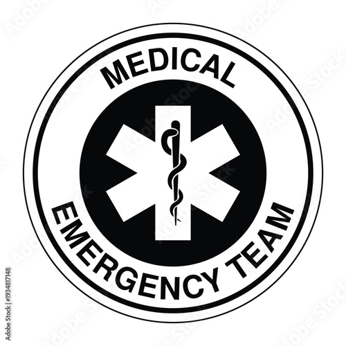 Medical Emergency Team Black and White Emblem – Star of Life Healthcare Badge for Ambulance Services, Paramedics, Hospitals and First Aid Units