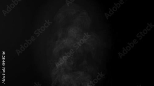 Steam, smoke, vapor isolated on black background. Smoke steam spray, abstract vaporing water, texture of cold mist, hot vapor, fog effect closeup, black screen. Hot food, drink. Slow motion. 