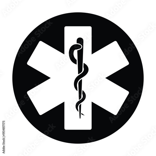 Star of Life Medical Symbol in Black Circle – Emergency Healthcare Icon with Rod of Asclepius for Ambulance, Paramedic and First Aid Signage