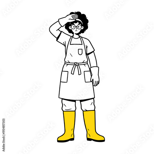 Hand drawn illustration of a worker in an apron and yellow boots, hand on forehead