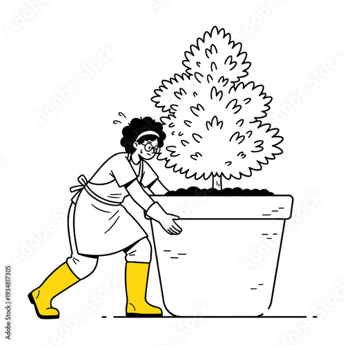 Hand drawn doodle illustration of a woman gardener struggling to push a large potted plant with effort.