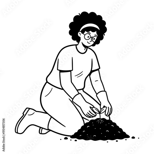 Hand drawn illustration of a woman planting a seedling into the ground as a gardening hobby