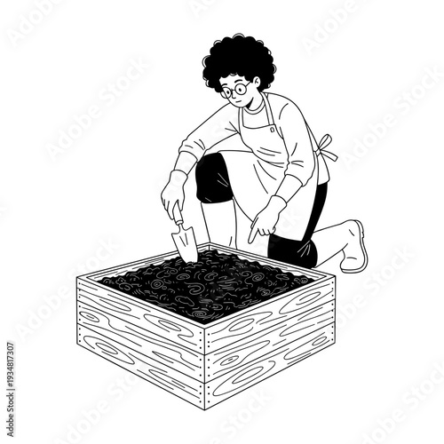 Hand drawn style illustration of a gardener planting soil in a wooden raised bed.