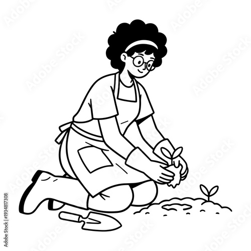 Hand drawn illustration of a woman planting a small seedling in garden soil