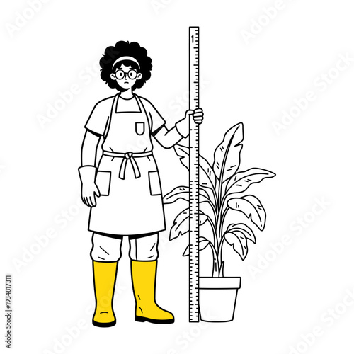 Hand drawn style illustration of a gardener measuring potted plant growth with a ruler