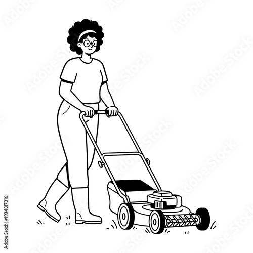 Smiling woman pushing a lawnmower in garden, hand drawn style vector illustration