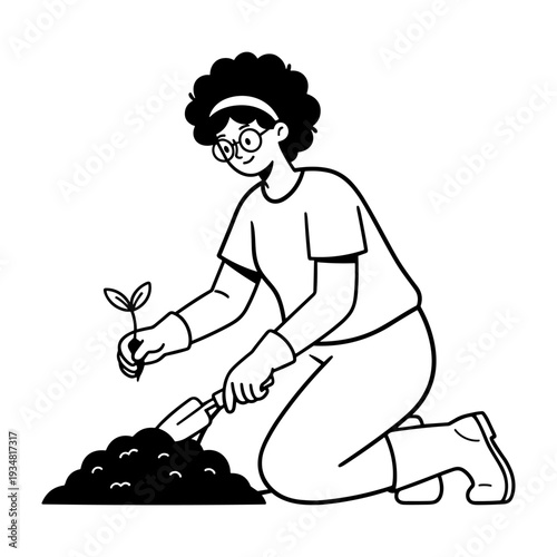 Hand drawn illustration of a gardener woman planting a seedling into the earth.