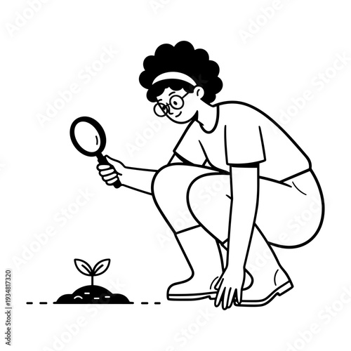 Hand drawn illustration of a person observing plant growth with a magnifying glass.