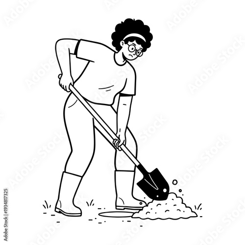 Hand drawn illustration of a woman digging soil with a shovel, ready for gardening.