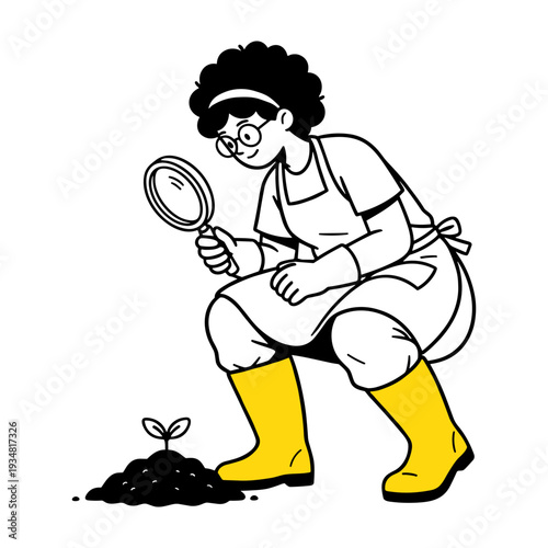 Hand drawn illustration of a gardener inspecting a small plant sprout with a magnifying glass