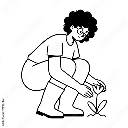 Hand drawn style illustration of a person in rubber boots tending a growing flower plant