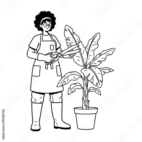 Hand drawn illustration of a gardener person pruning a potted houseplant with large shears