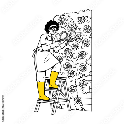 Curious Gardener on Ladder Inspecting Rose Bush Flowers with Magnifying Glass, hand drawn doodle style illustration