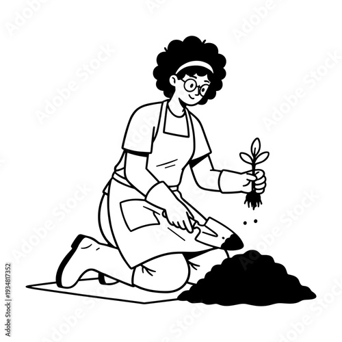 Hand drawn illustration of a person gardening, planting a seedling with a trowel and soil.