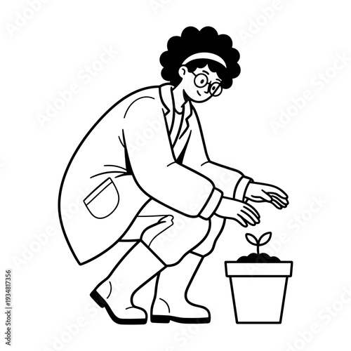 Hand Drawn Illustration of a Woman Scientist Tending a Small Plant in a Pot