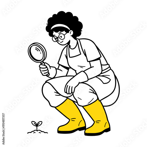 Hand drawn illustration of a woman gardener observing a small plant sprout with a magnifying glass